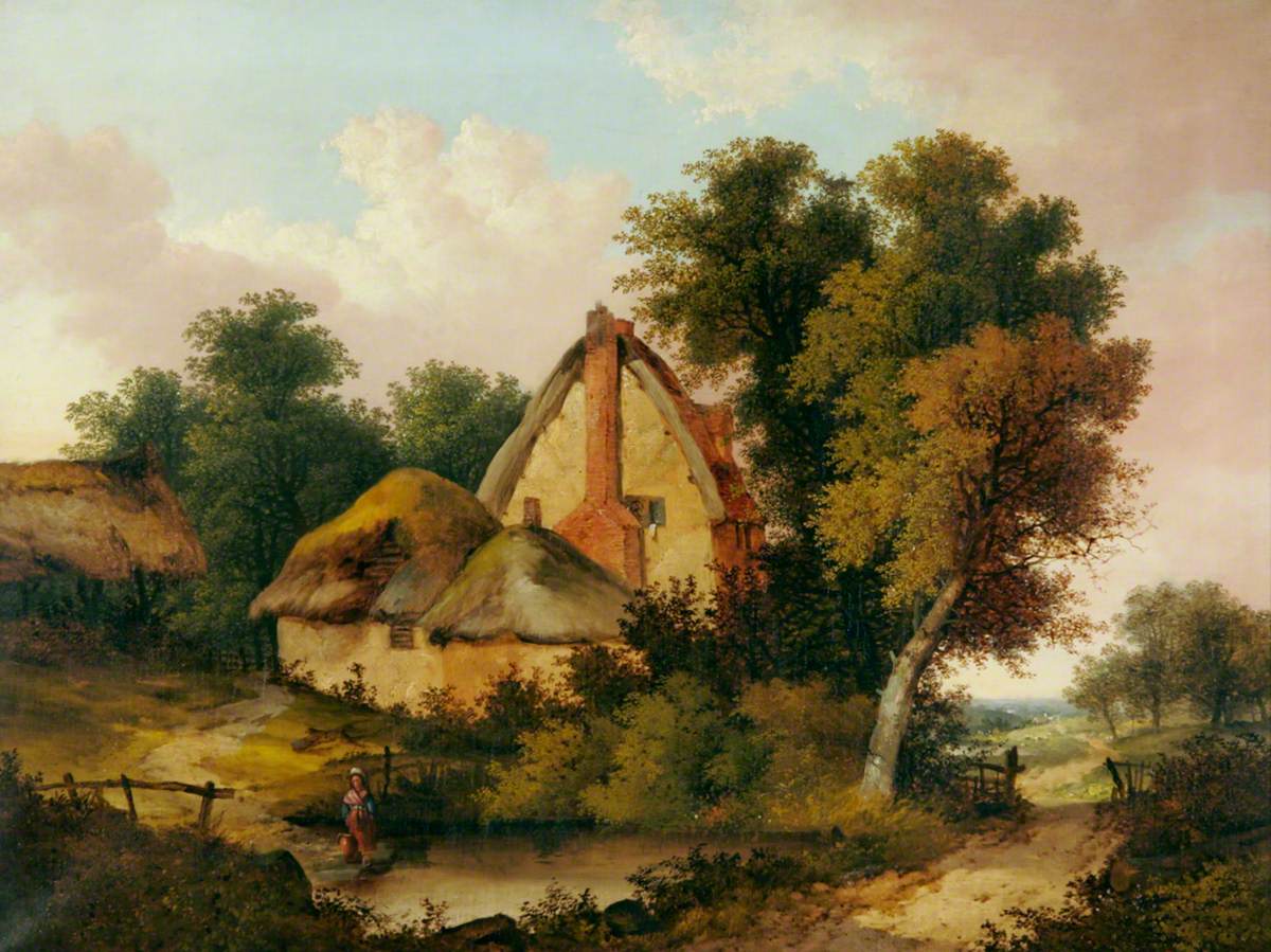 Landscape with a Thatched Cottage and a Pond in Foreground