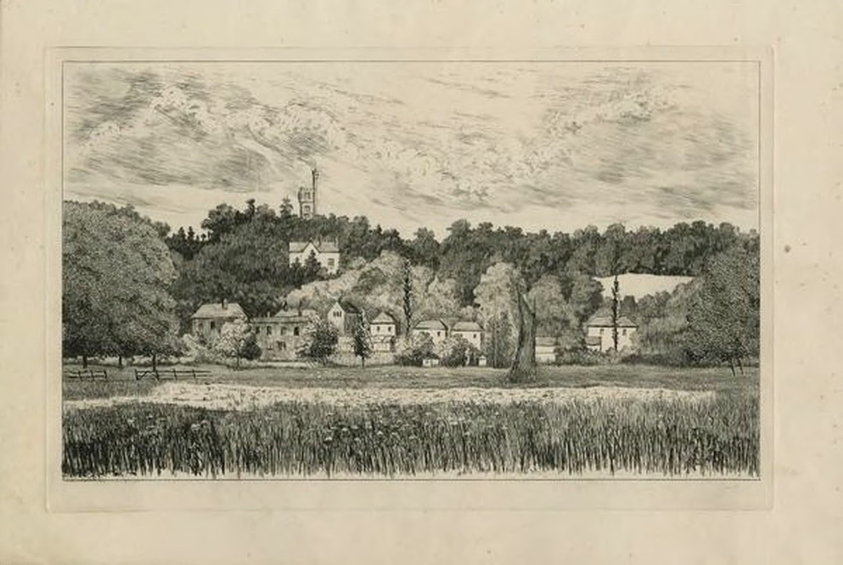 View of Thorpe, showing Pine Banks Tower and house, with wherry