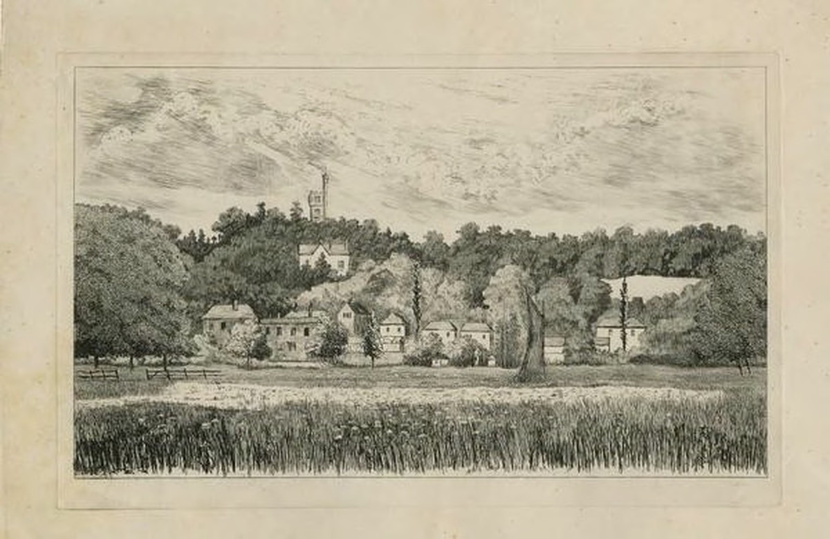 View of Thorpe, showing Pine Banks Tower and house, with wherry