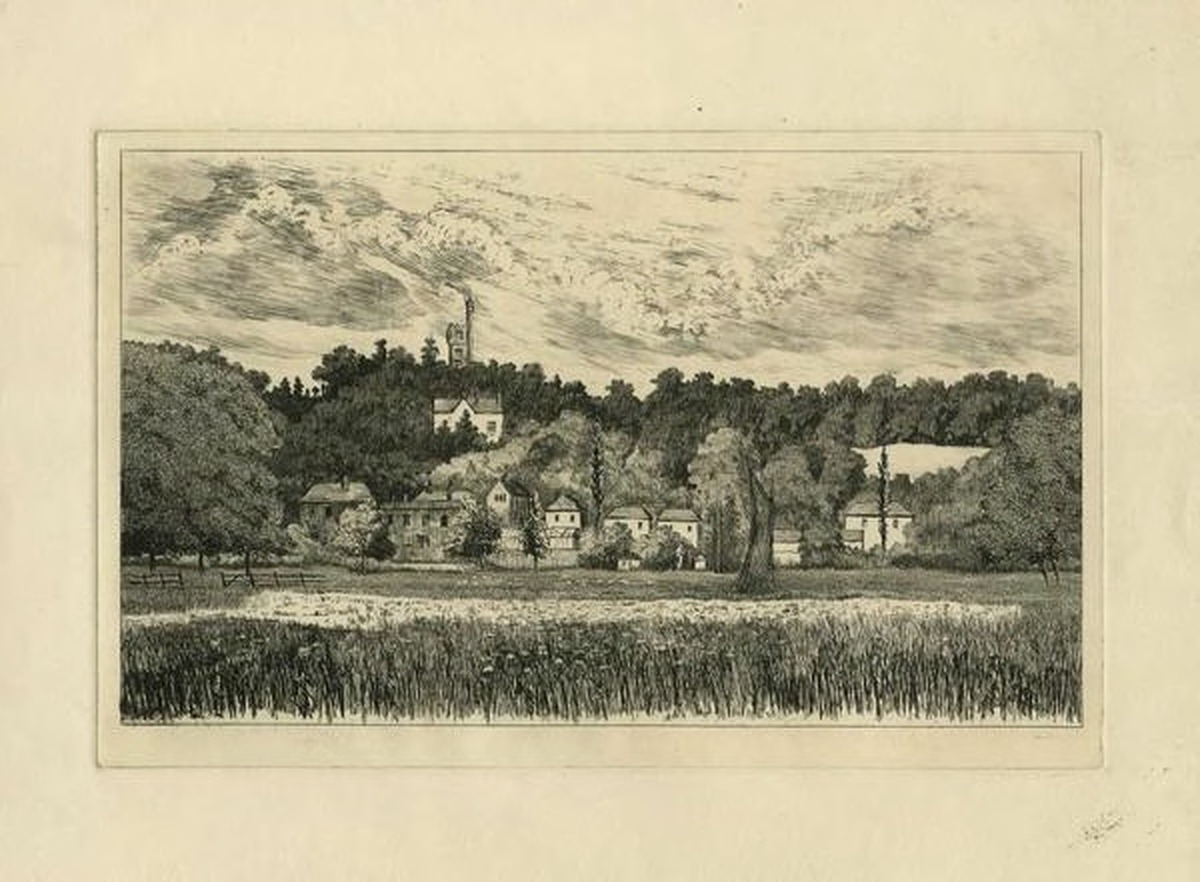 View of Thorpe, showing Pine Banks Tower and house, with wherry