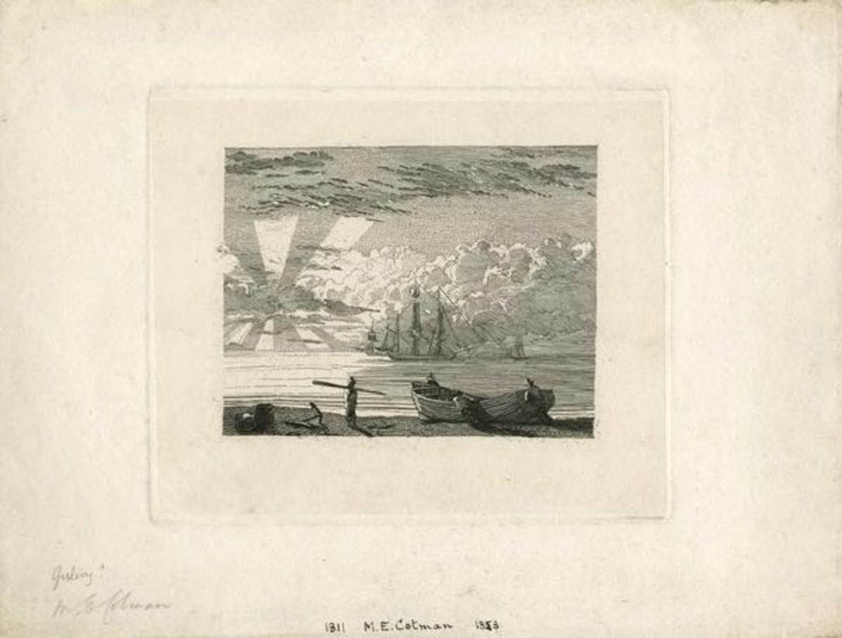 Beached Boat, Masted Ship in distance