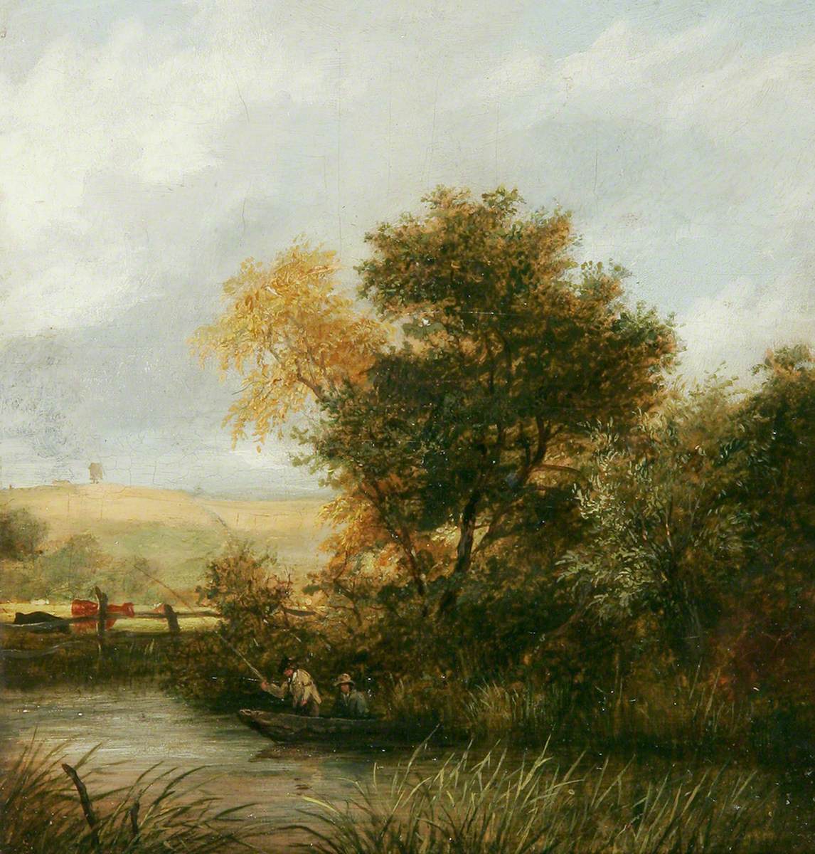 River Scene with Men Fishing from a Boat