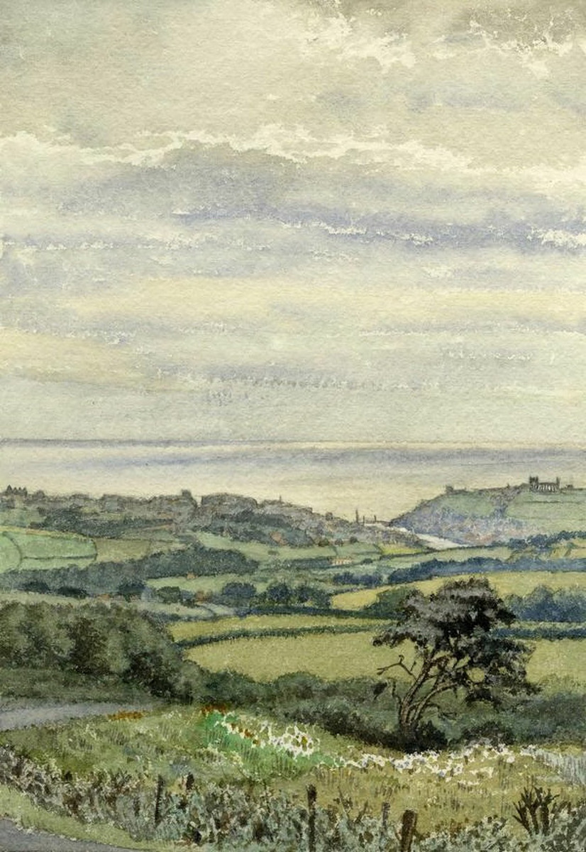 Distant view of buildings on cliff top with sea beyond