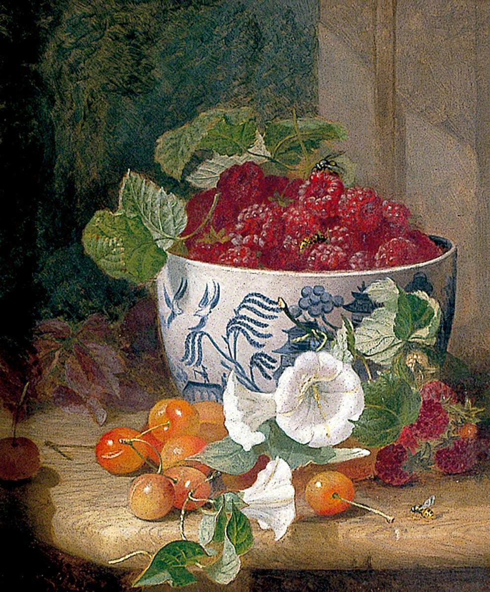 Still Life of Raspberries in a Willow Pattern Bowl, with Cherries and Bindweed