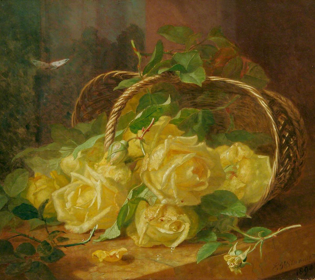 Still Life of Yellow Roses in an Upturned Basket