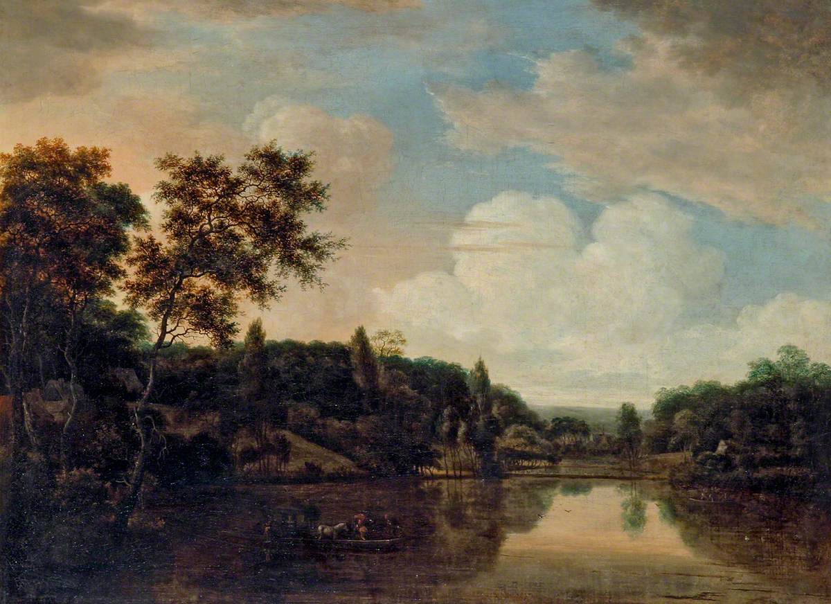 Ferry Boat on a River, Trees on a Hill to the Left