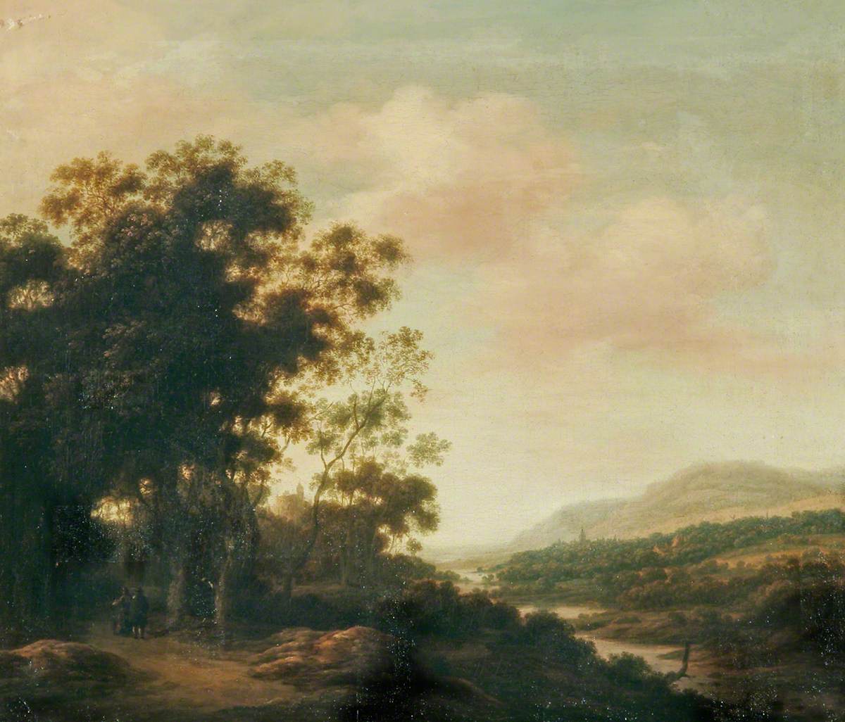 An Extensive River Landscape with Figures on a Road, a Wood to the Left
