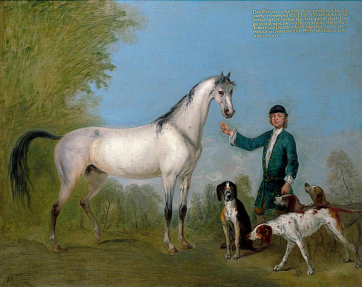 Horse with Groom and Hounds