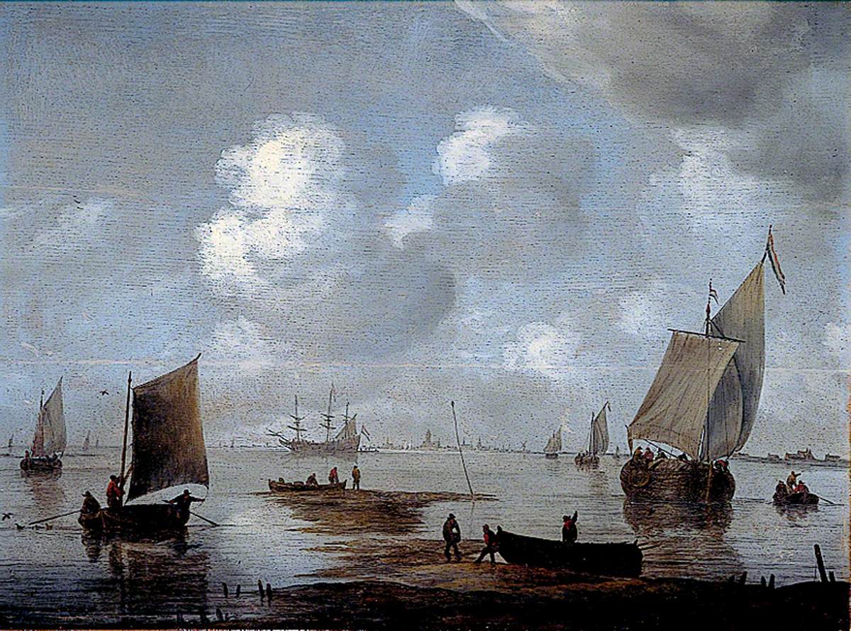 Estuary Scene with Shipping, Figures in the Foreground
