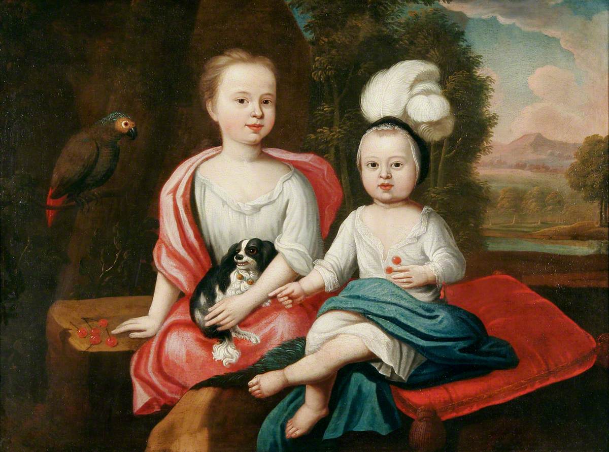 Young Children with a Spaniel and a Parrot