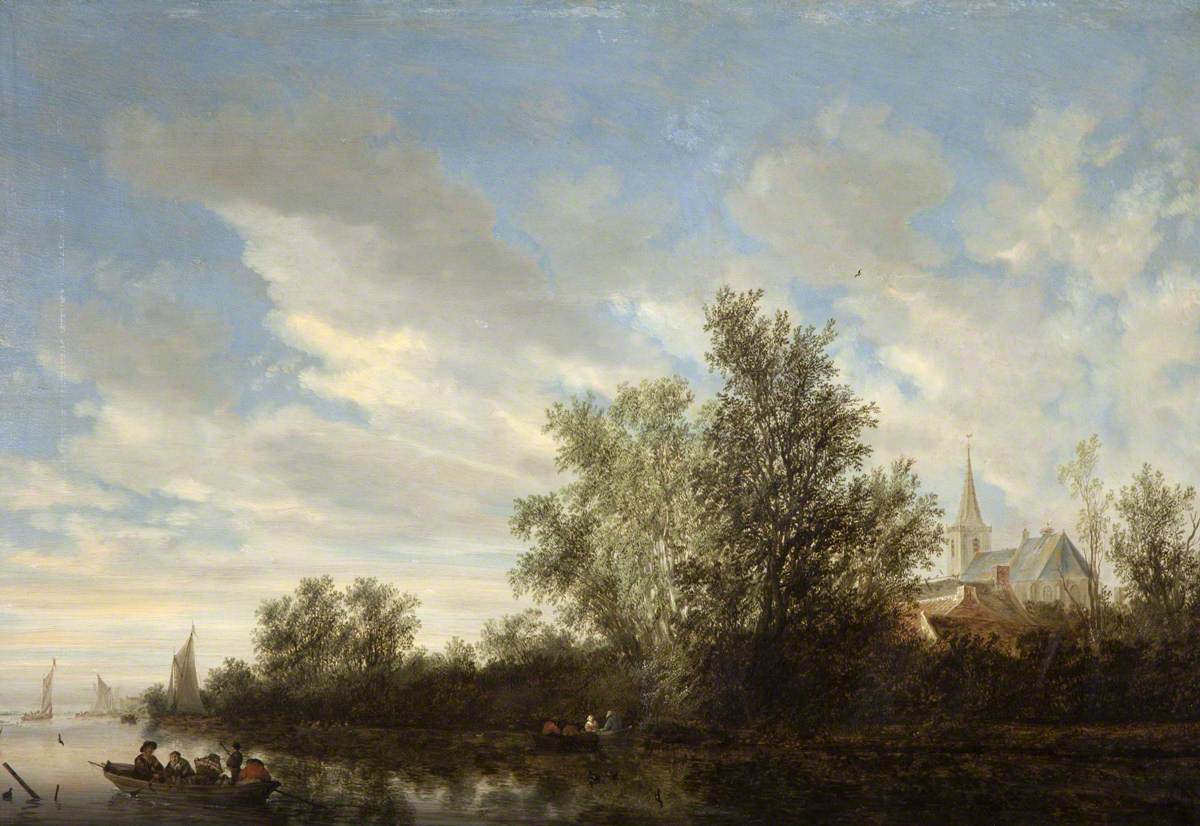 River Landscape with Figures in Boats and a Church in the Distance