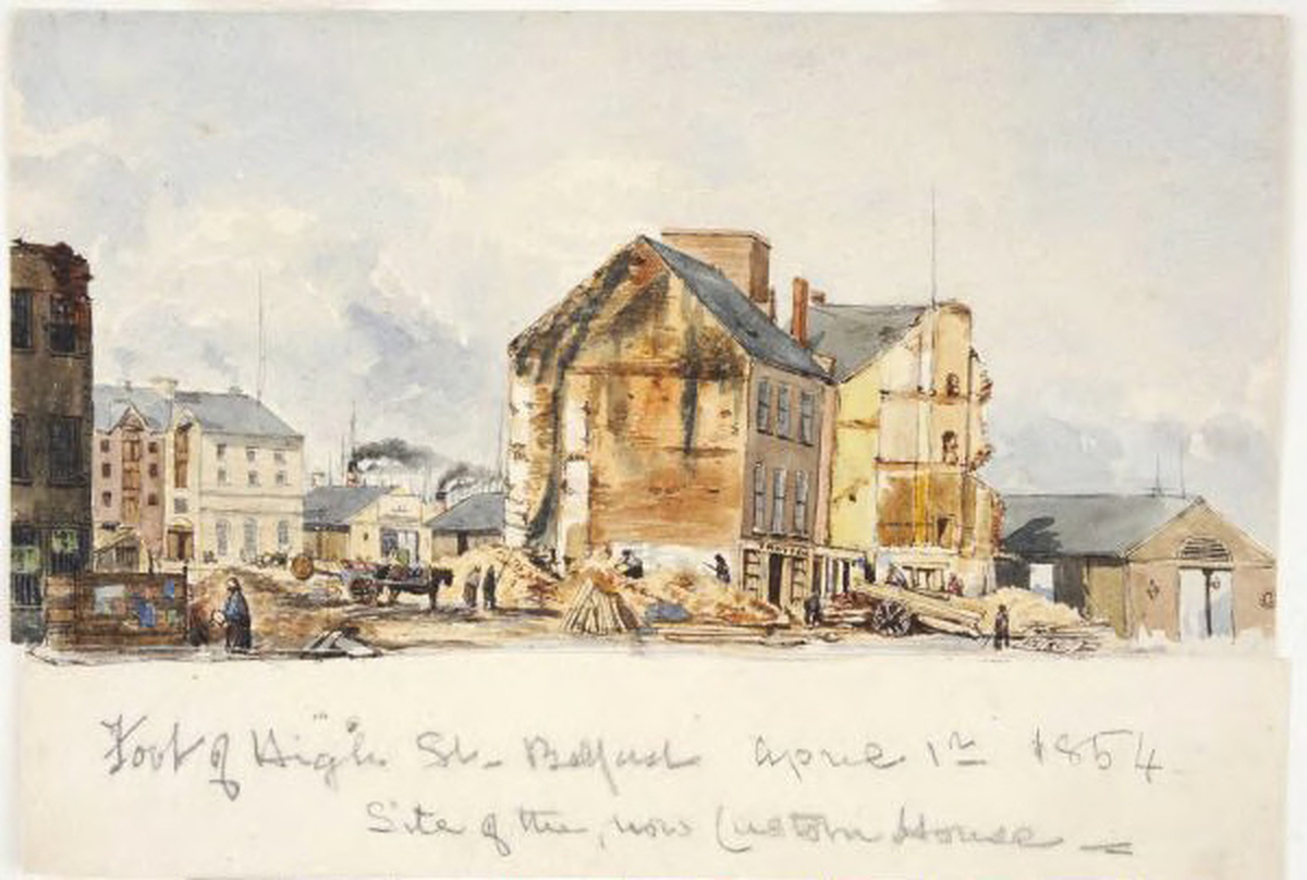 Foot of High Street, Belfast, Site of the new Custom House (1854)