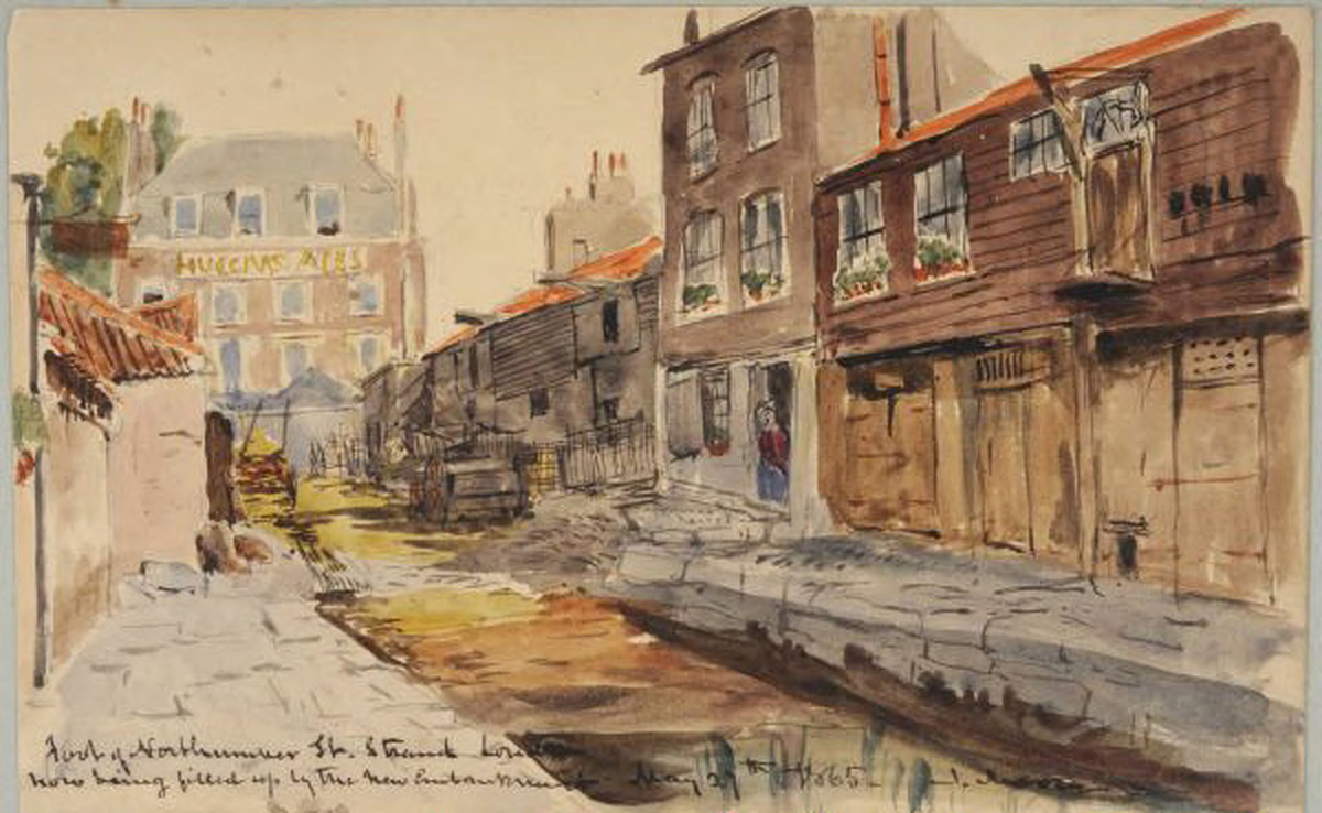 Foot of Northumberland Street, Strand, London, now being Filled up by the New Embankment (1865)
