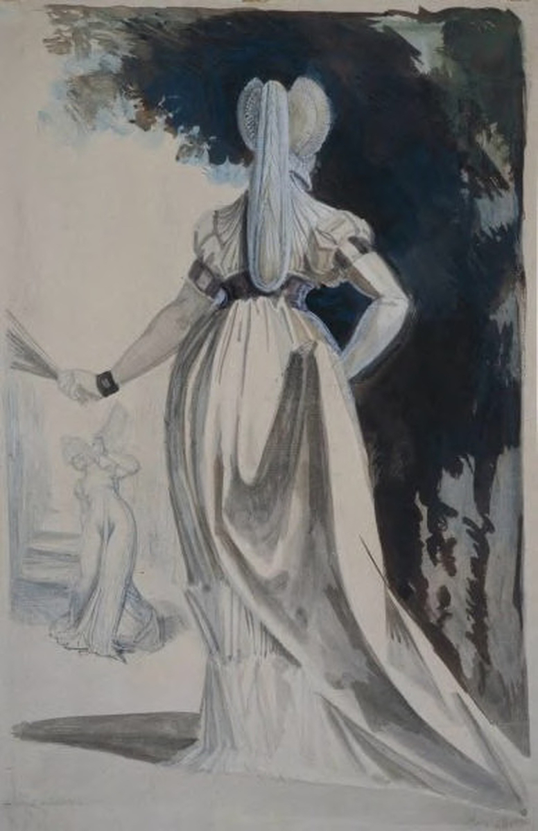 Two Women with Fans Walking in a Garden; verso, Four pencil Sketches of Women (1795)