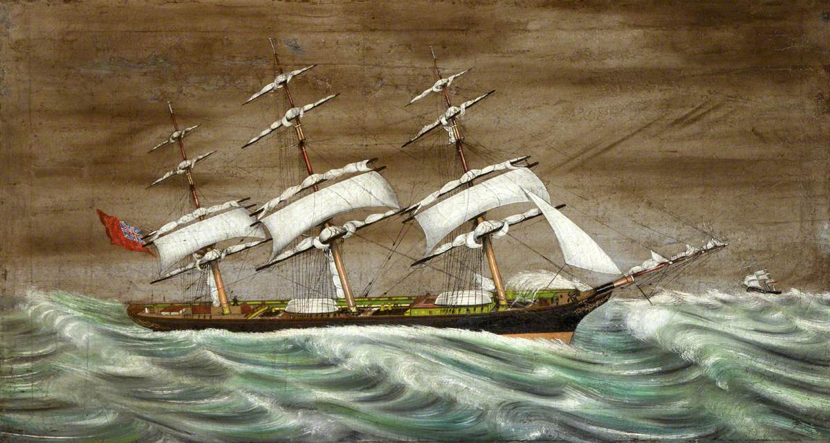 Full-Rigged British Ship in Heavy Seas