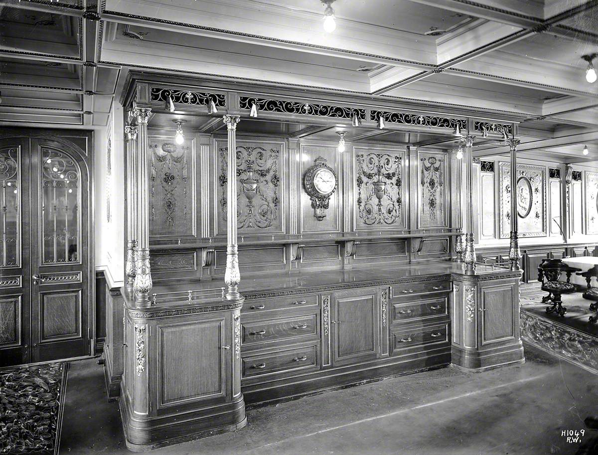 Ornate sideboard, clock and panelling in first class dining saloon