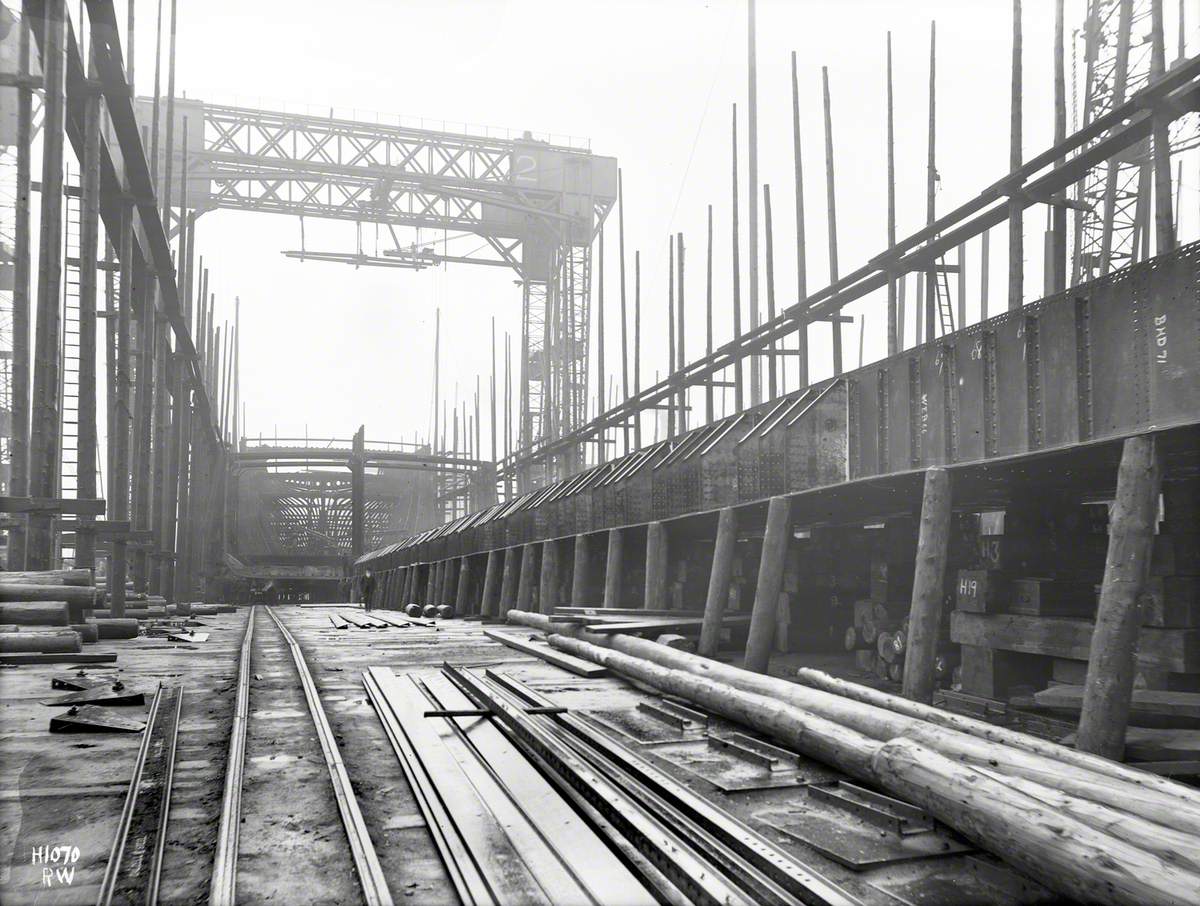 View along keel plates towards stern, showing combined bottoming and framing arrangement