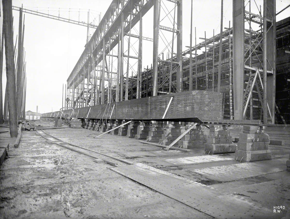 Views of laid keel and erected centre plate on No. 5 slip, South Yard