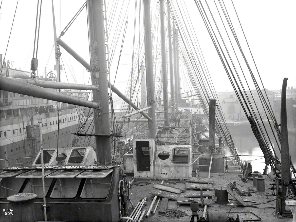 Upper deck view forward from poop deck during outfitting