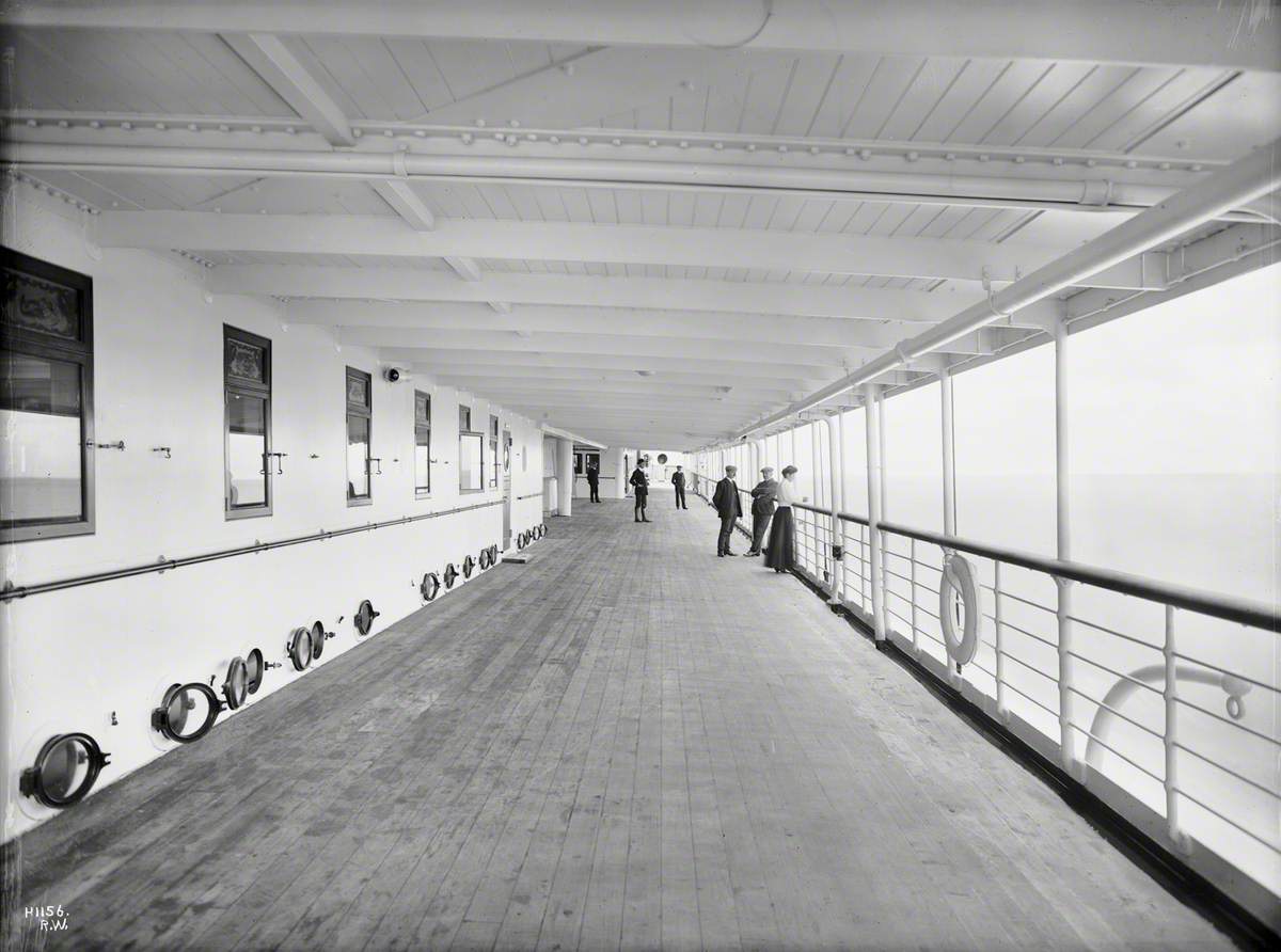 Starboard upper promenade deck, view forward at sea