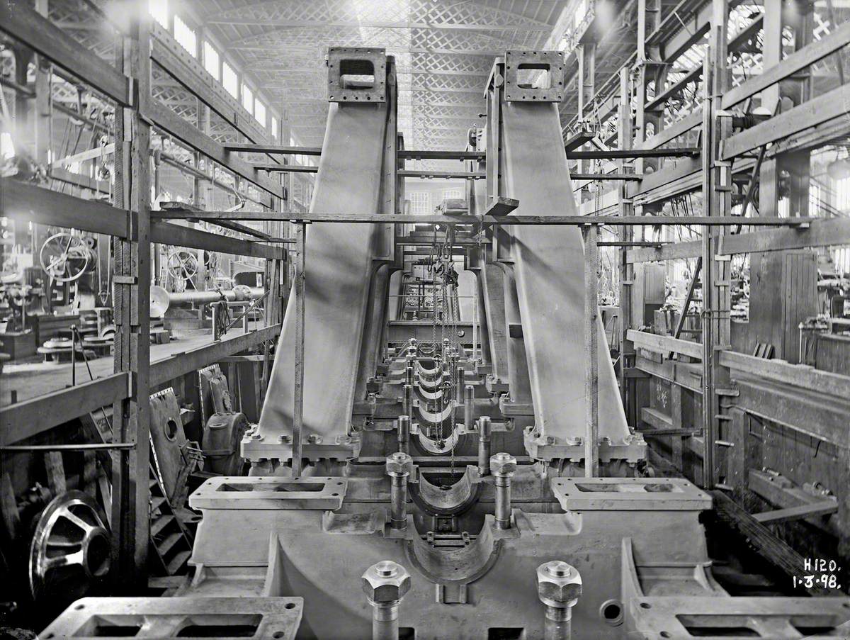 Erection of main engine frames on bedplates in engine works