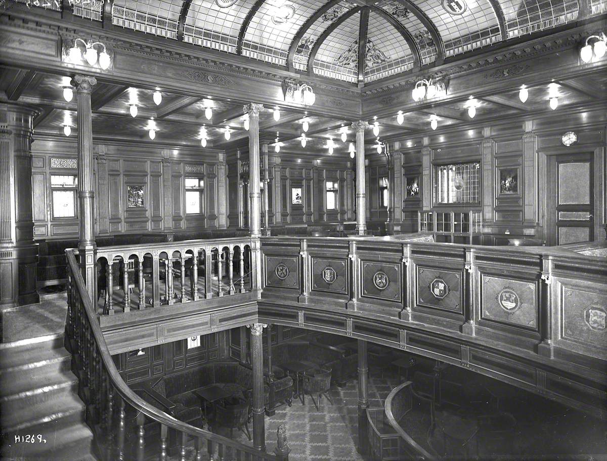 First class balcony smoke room, with staircase leading to lower smoke room