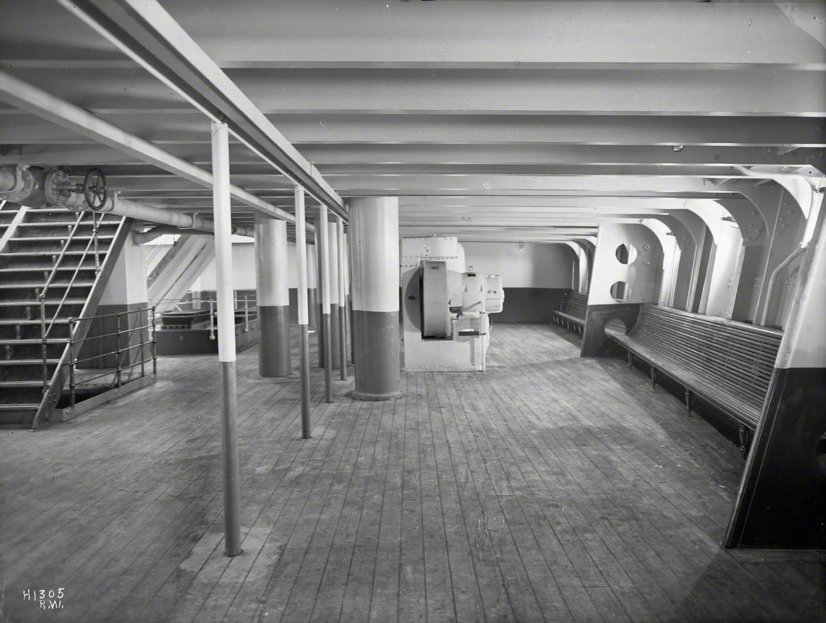 Third class open space lower deck with companionways and side seats