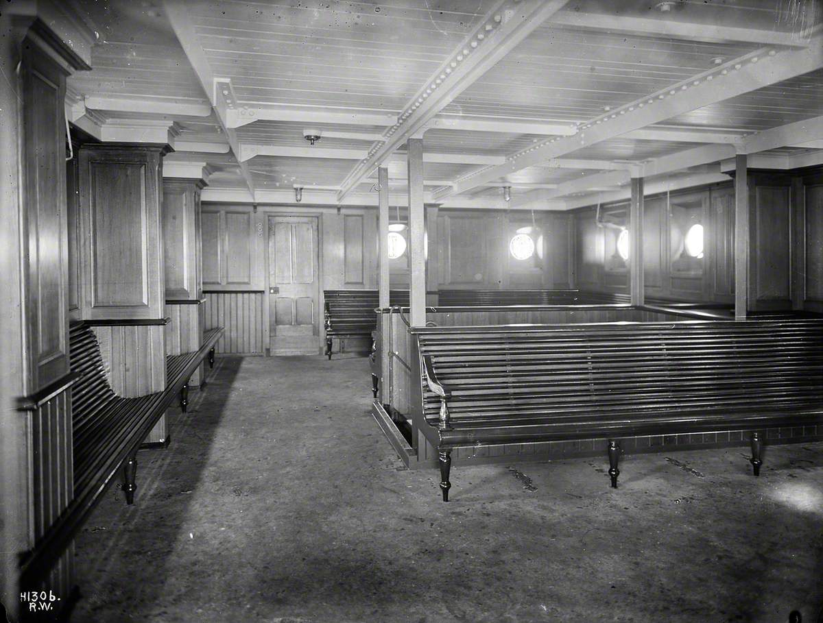 Third class general room with wooden slat seats