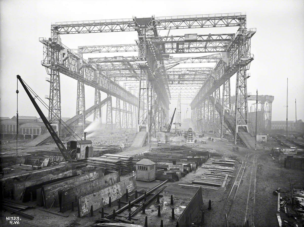 Keel blocks for 'Olympic' on No. 2 slip with work on No. 3 slip in progress. General view of slips and gantry from top end