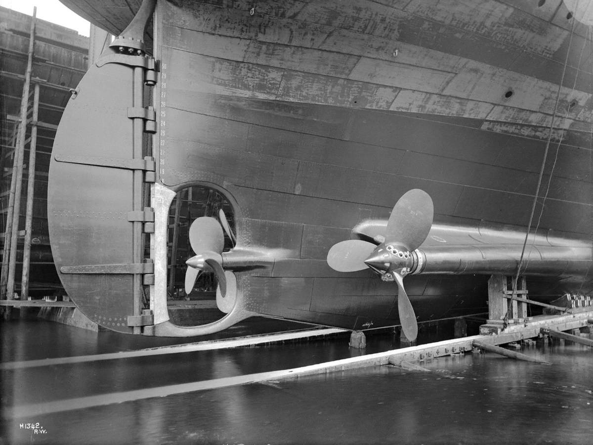 Starboard view of rudder and triple screw arrangement, prior to launch