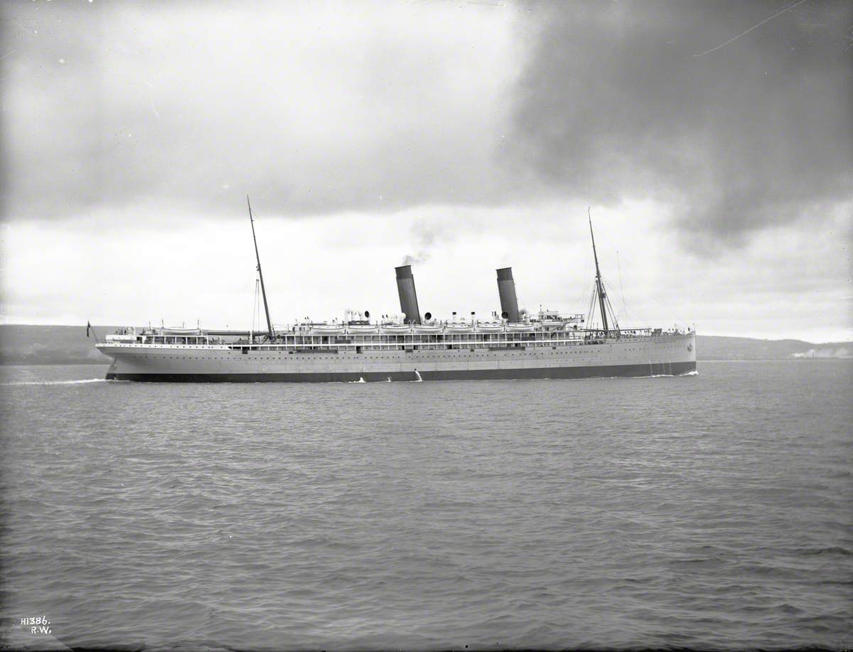 Starboard near profile of completed ship in Belfast Lough