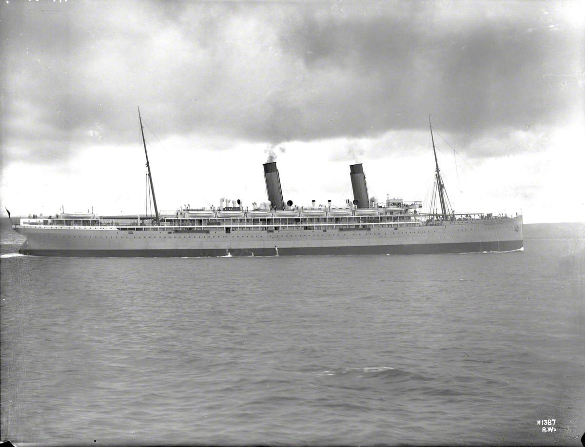 Starboard near profile of completed ship in Belfast Lough, close view