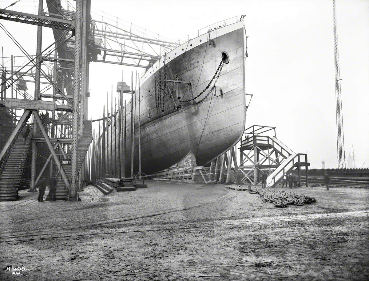 Starboard bow view on No. 5 slip, South Yard, prior to launch