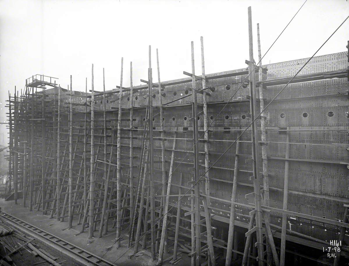 General view, completed shell plating portside hull forward of midships