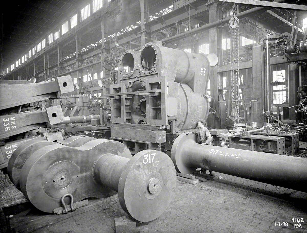 Crankshaft and other propelling machinery components in engine works prior to assembly