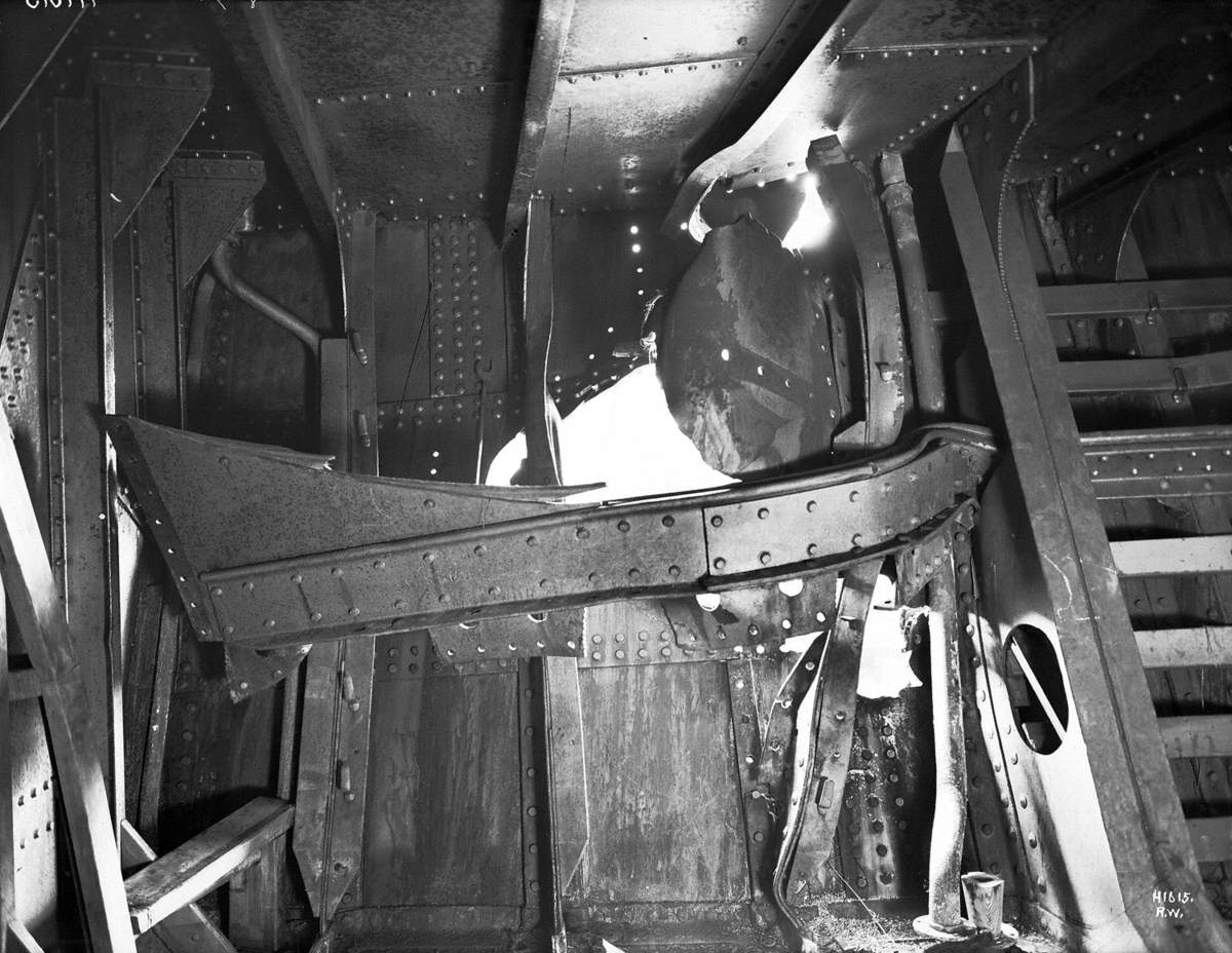 HMS 'Hawke' collision damage – lower hole from inside