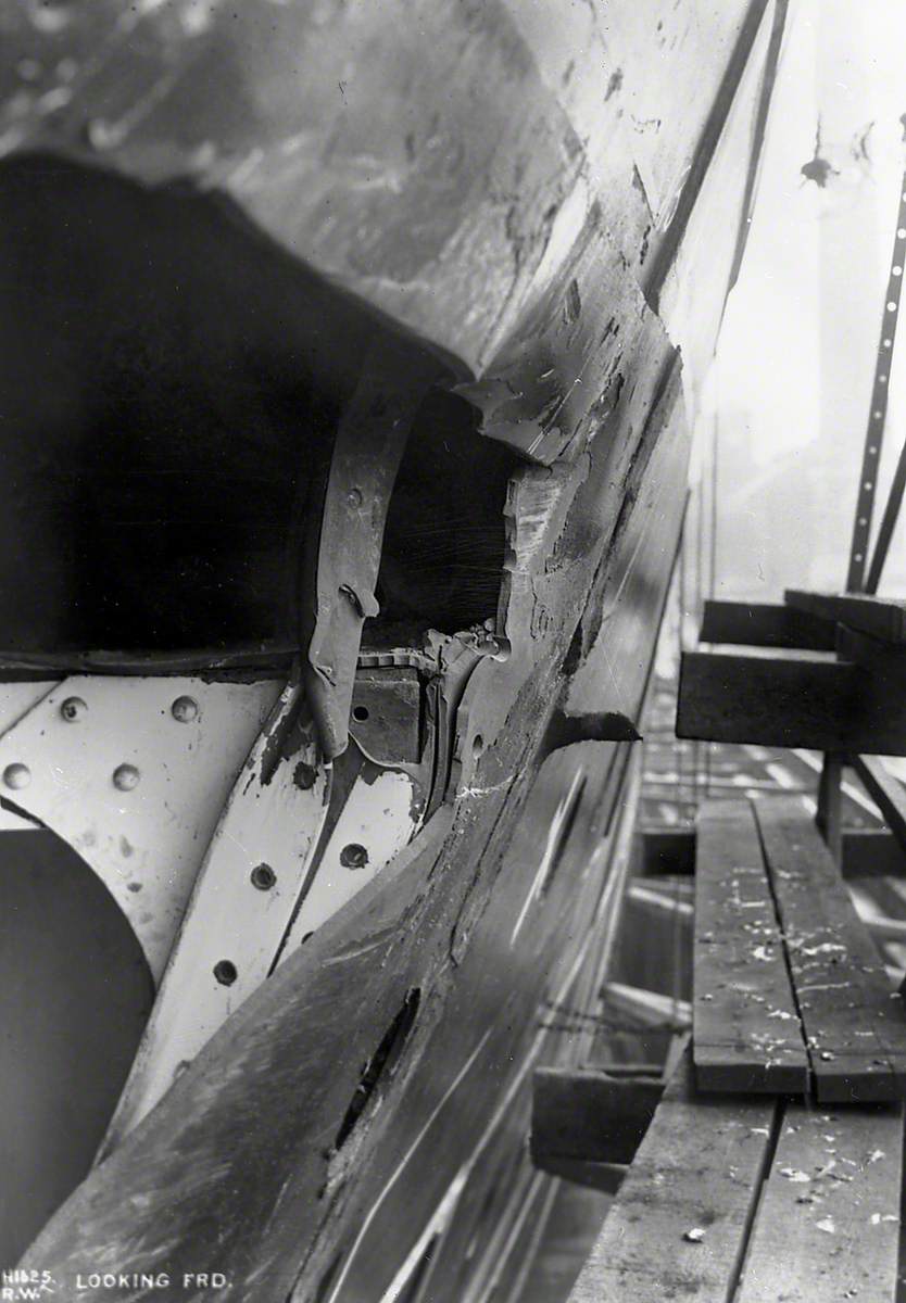 HMS 'Hawke' collision damage – part of upper hole, looking forward