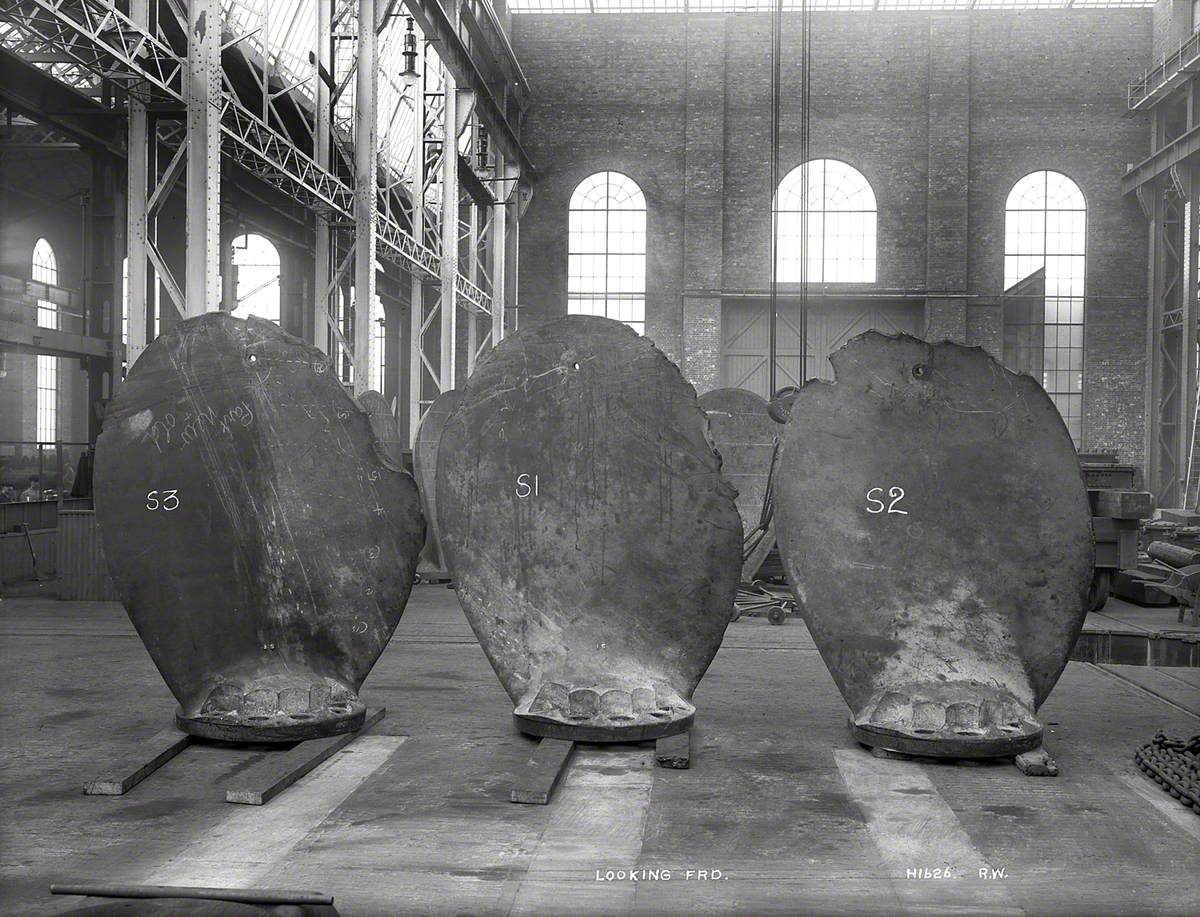 HMS 'Hawke' collision damage – damaged starboard propeller blades in shop