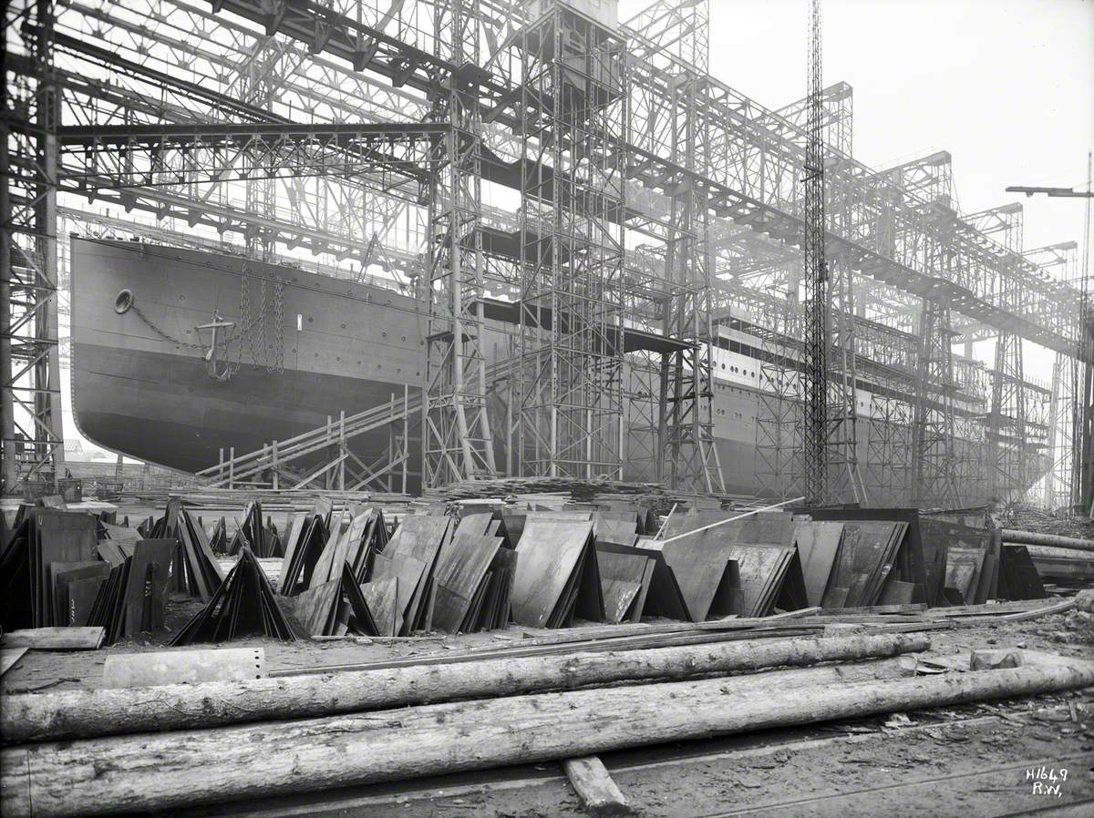 Port bow 3/4 profile on No. 2 slip, North Yard, prior to launch