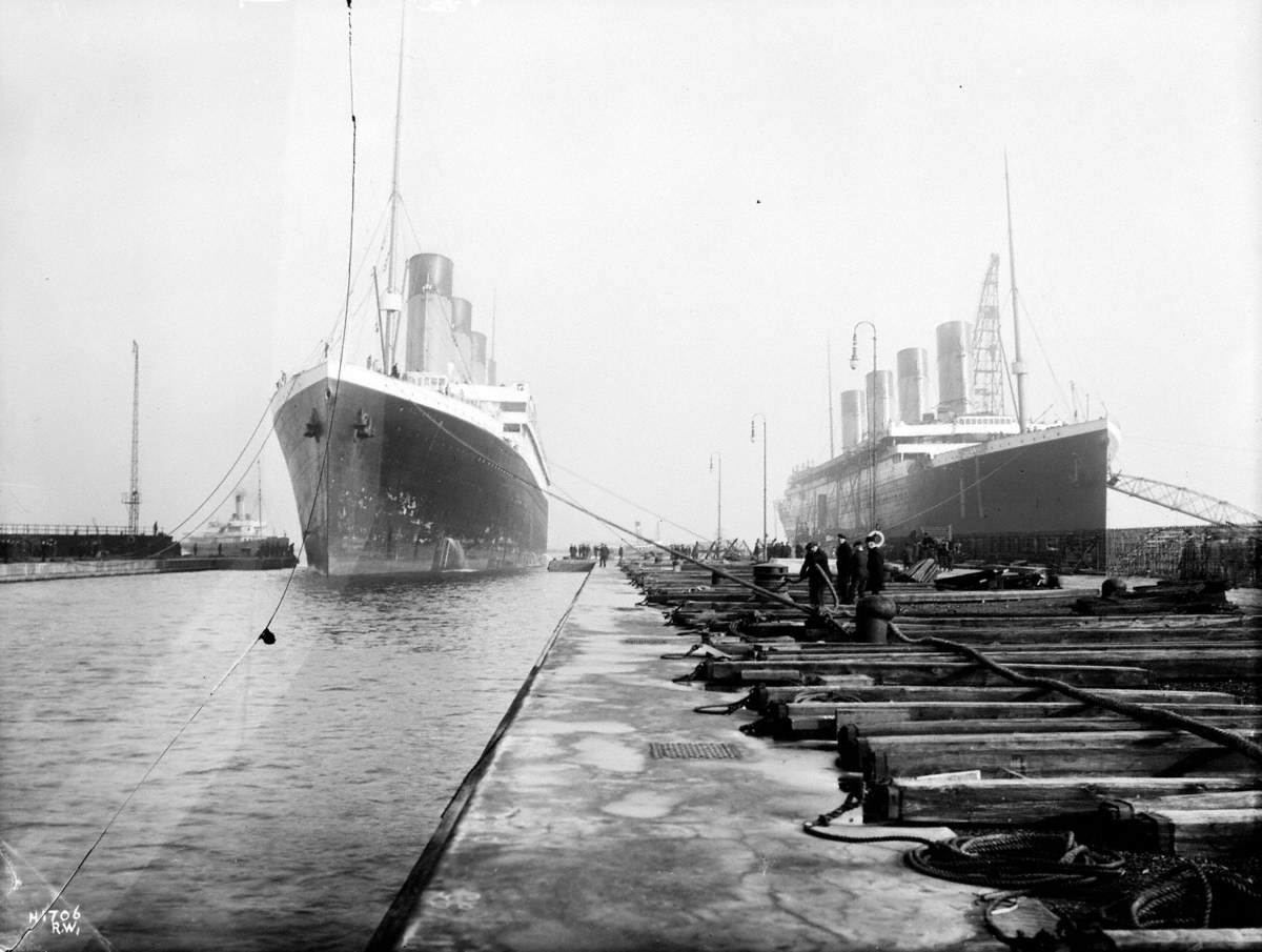 Bow view entering Thompson Graving Dock with starboard bow view of 'Titanic'  outfitting | Art UK