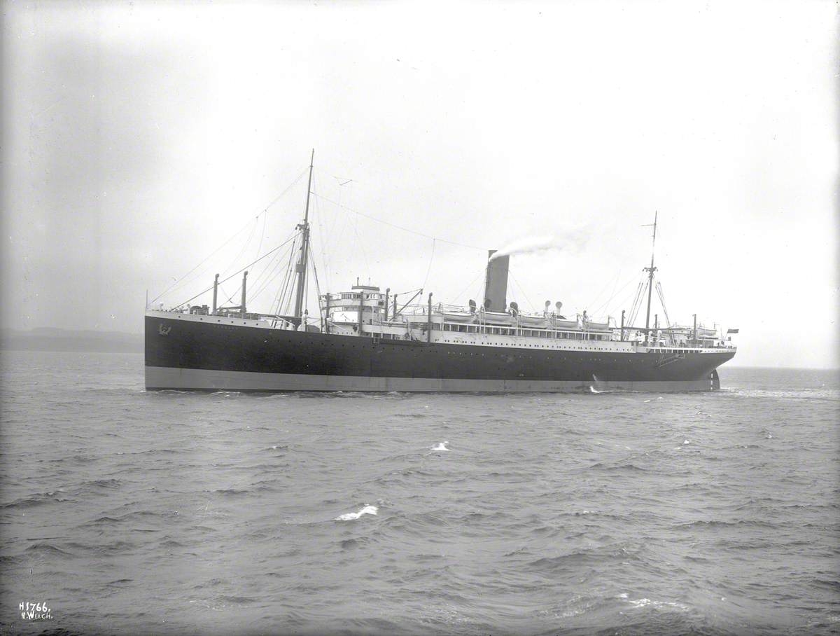 Port bow 3/4 profile of completed ship in Belfast Lough