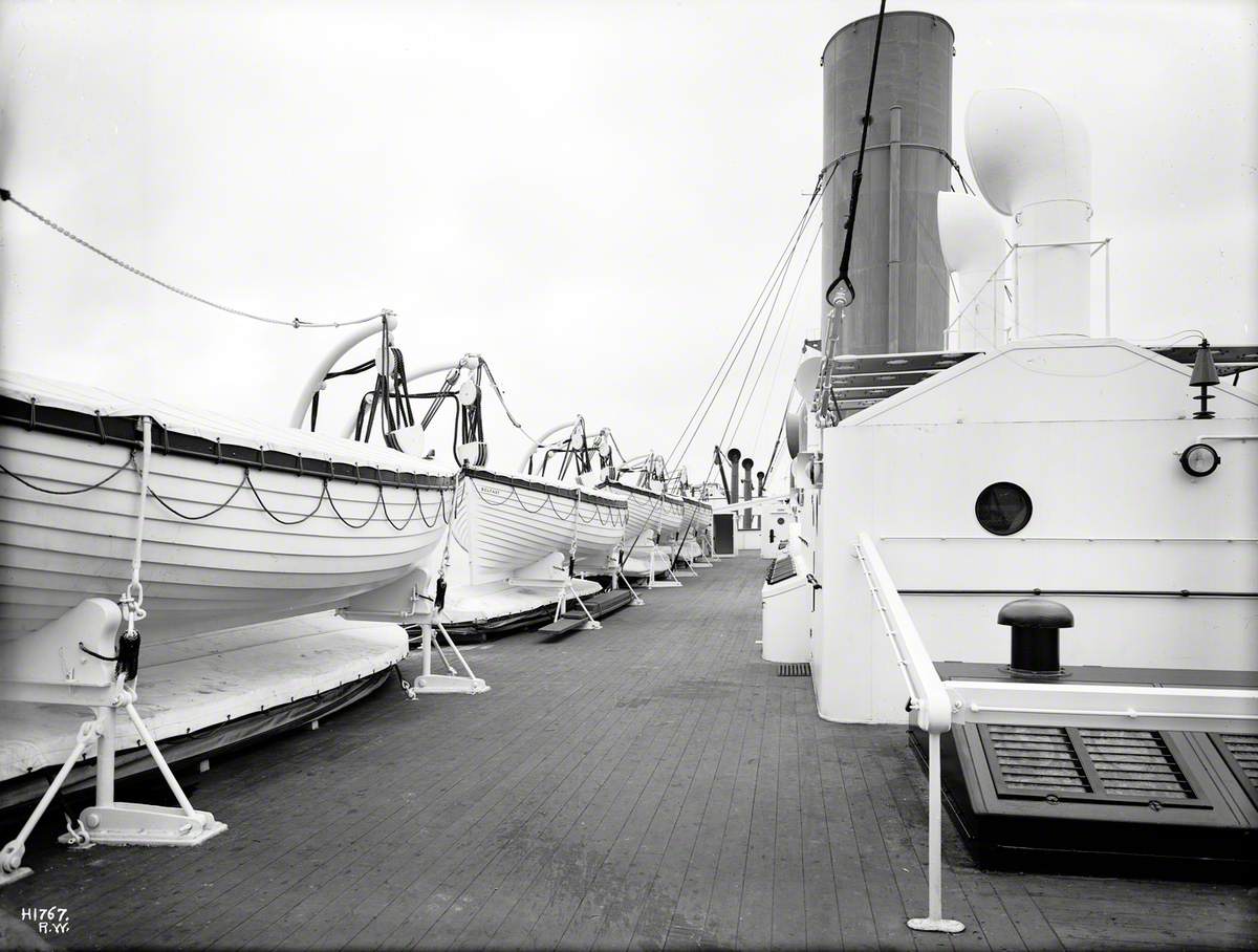 View forward along port boat deck towards funnel