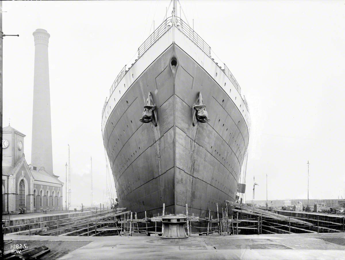 Bow view in Thompson Graving Dock, during post-'Titanic' disaster refitting  | Art UK