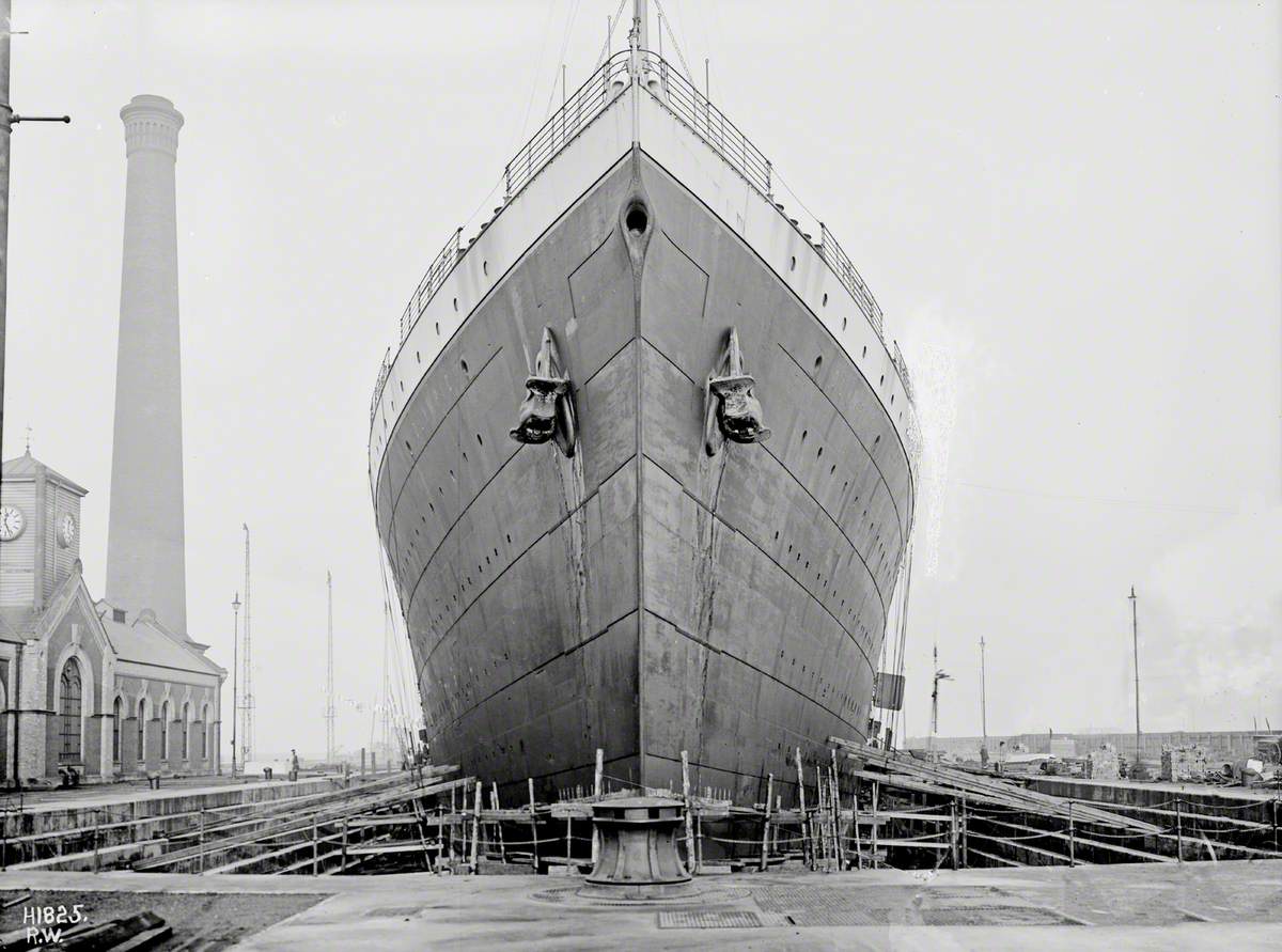 Bow view in Thompson Graving Dock, during post-'Titanic' disaster refitting