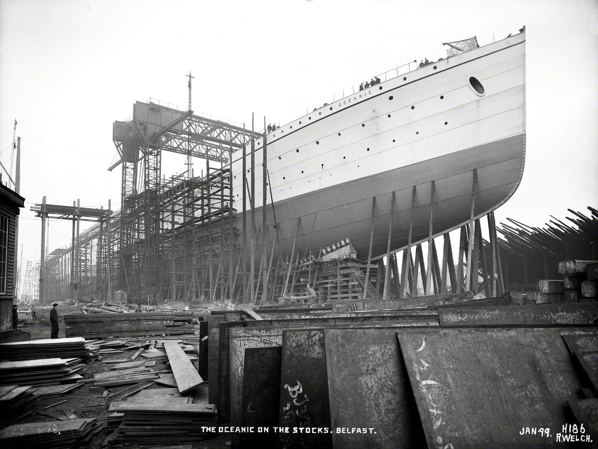 Starboard bow 3/4 profile on slip prior to launch. Topside hull painted light grey