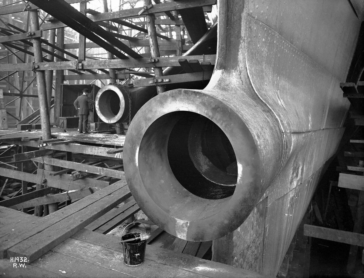 View of central and port side propeller bosses, with foreman or manager