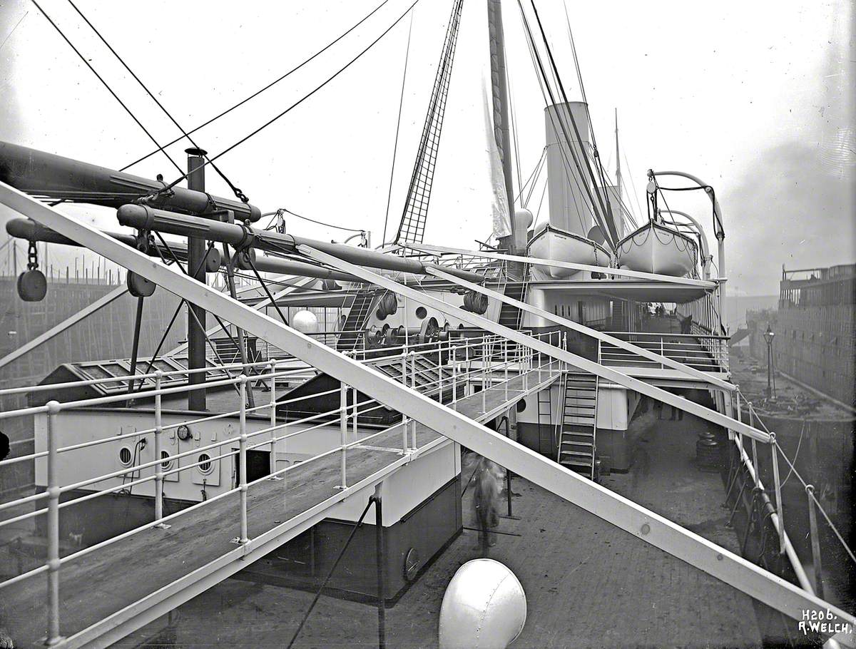 Starboard view forward from poop deck