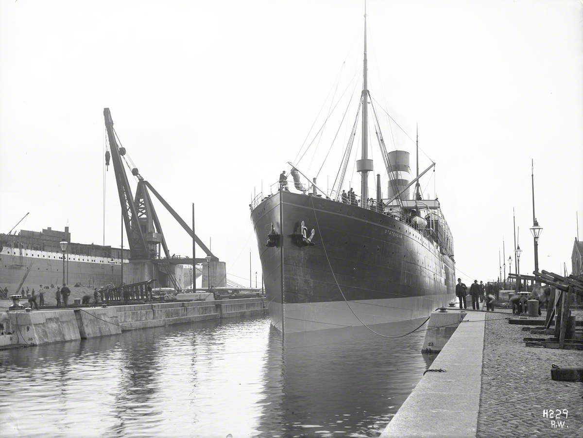 Bow view of ship enetering Alexandra Graving Dock