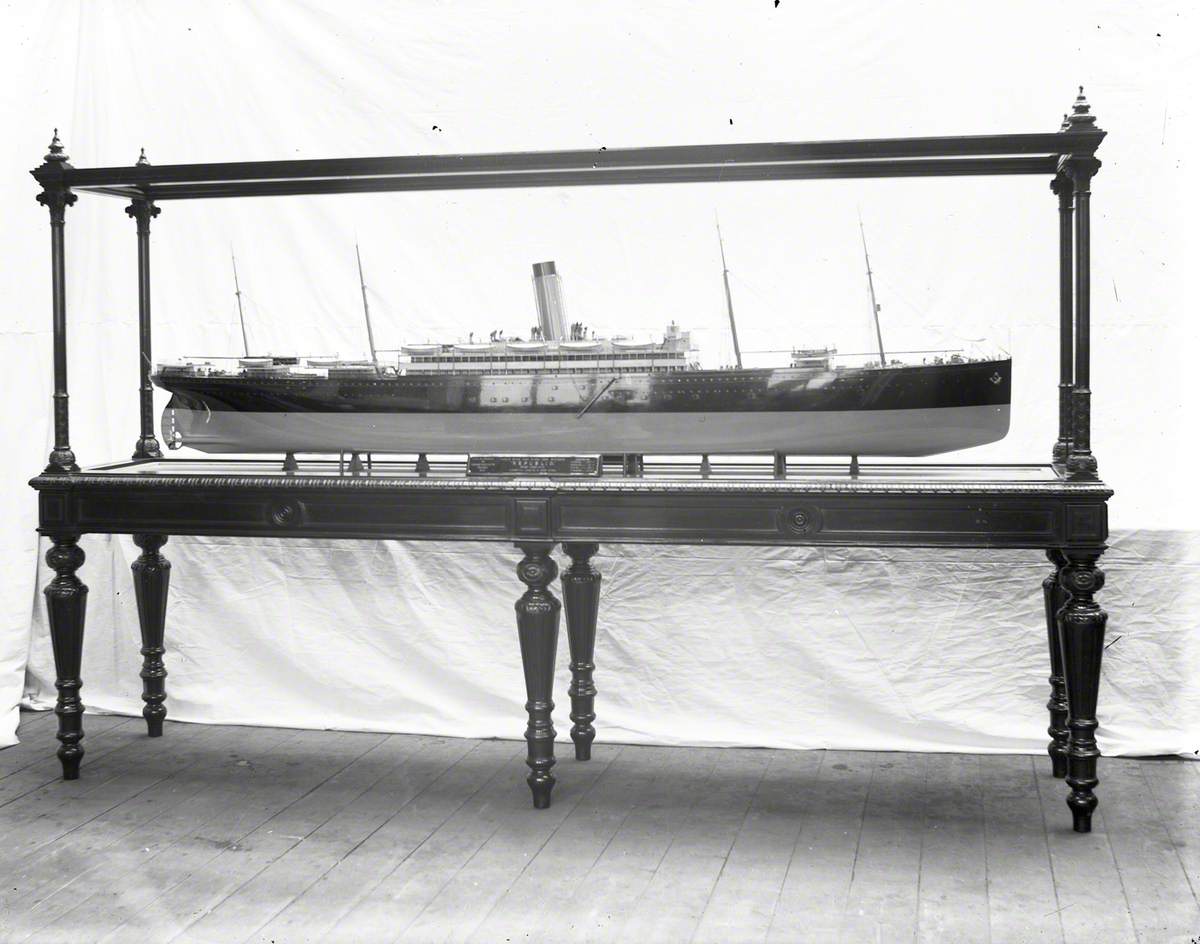 Starboard profile of cased builder's model in White Star funnel colours