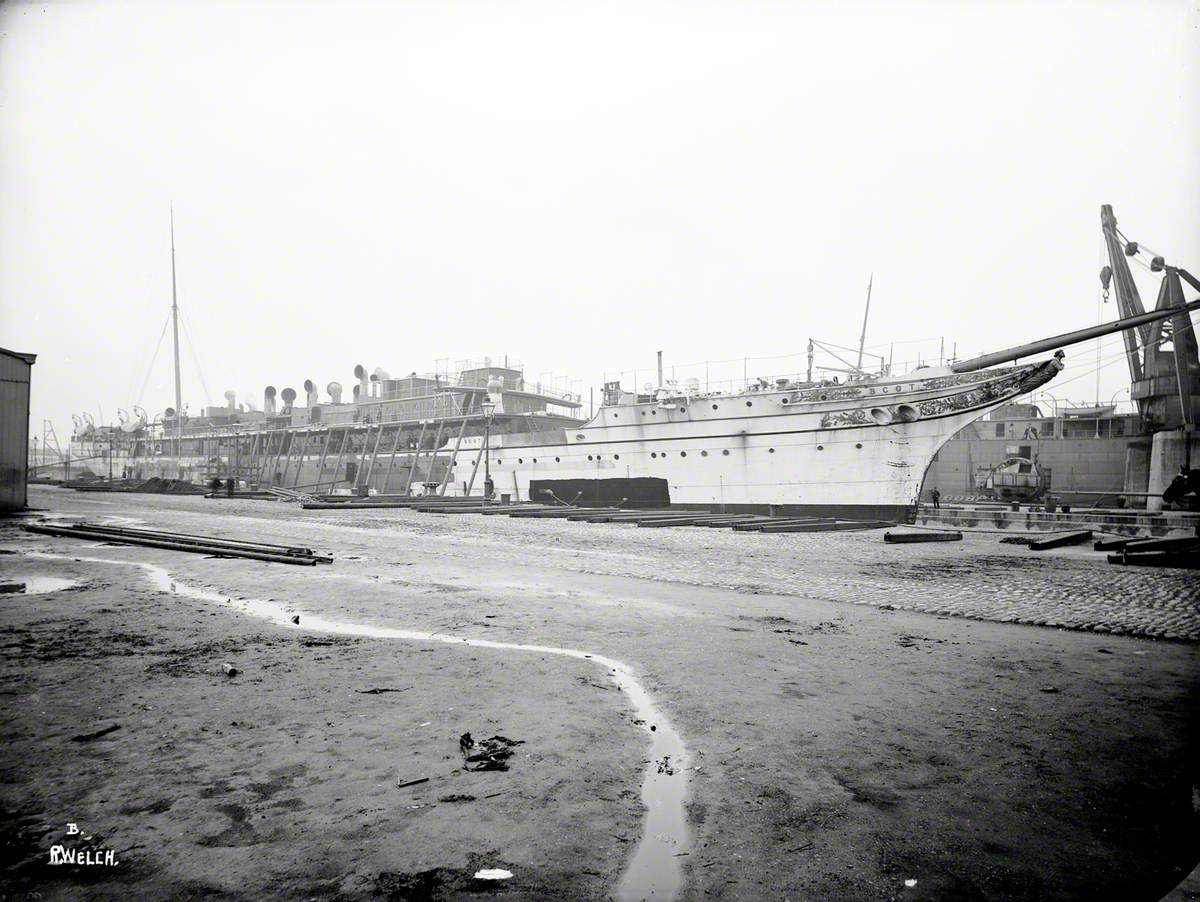 Sequence of views of ship in Alexandra Graving Dock, showing operation to lengthen hull by 54 feet